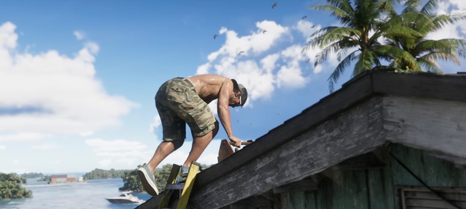 Jason working on the roof of a stilt house with scattered green islands and boats behind him