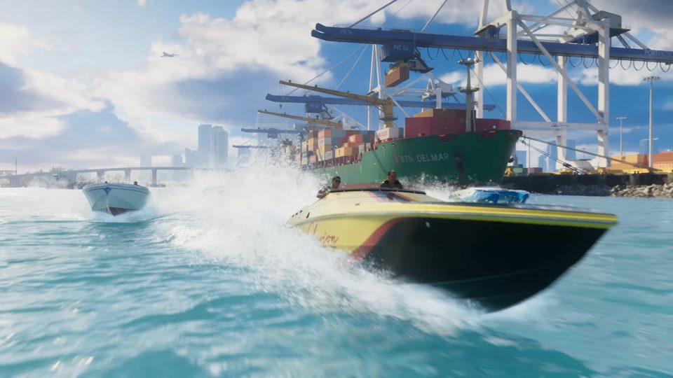 Two speedboats racing past a giant green container ship named BTN Delmar at Vice City Port
