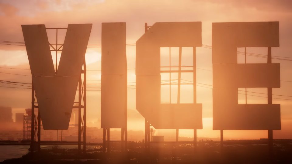 The giant VICE sign letters silhouetted against a golden sunset