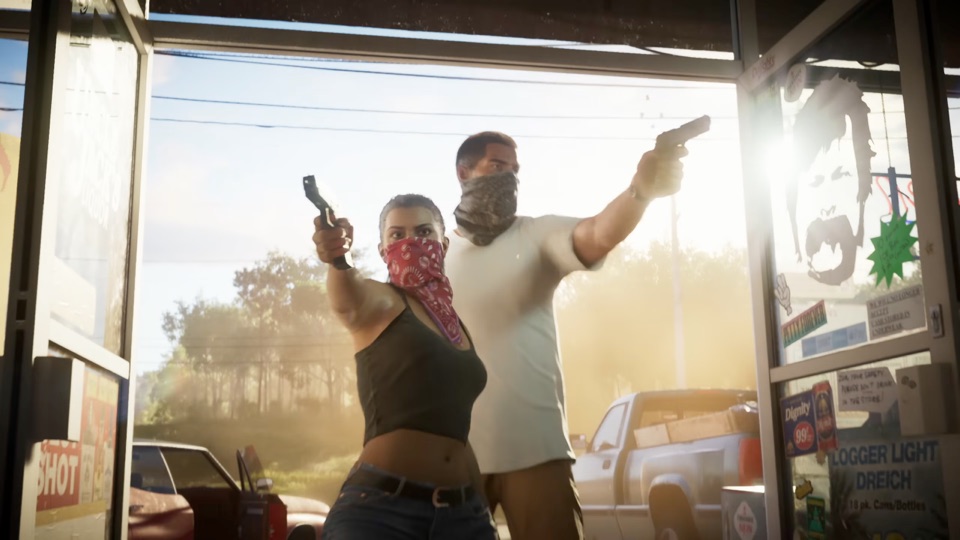 Jason and Lucia bursting out of a liquor store with pistols raised, faces covered by bandanas