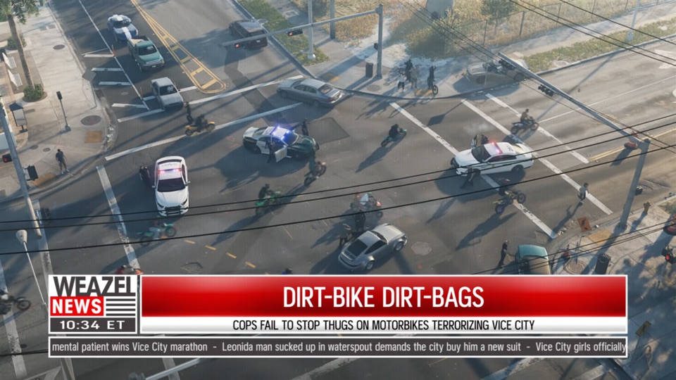 Aerial Weazel News shot of police cruisers stopping a pack of dirt bikers at a Vice City intersection