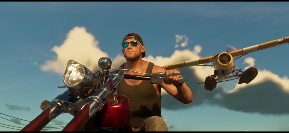 Jason riding a red chopper motorcycle while a yellow seaplane flies low behind him